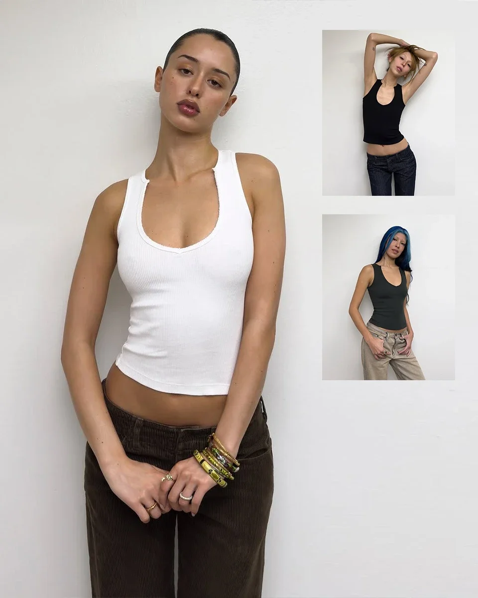 

Tank Top with Frayed Edge Design, Ribbed I-Shaped Hem, Stylish V-Neck Vest, Sexy V-Neck, Knitted Vest, Slim Fit, White Short Slimming Top, High-Quality Women's Vest
