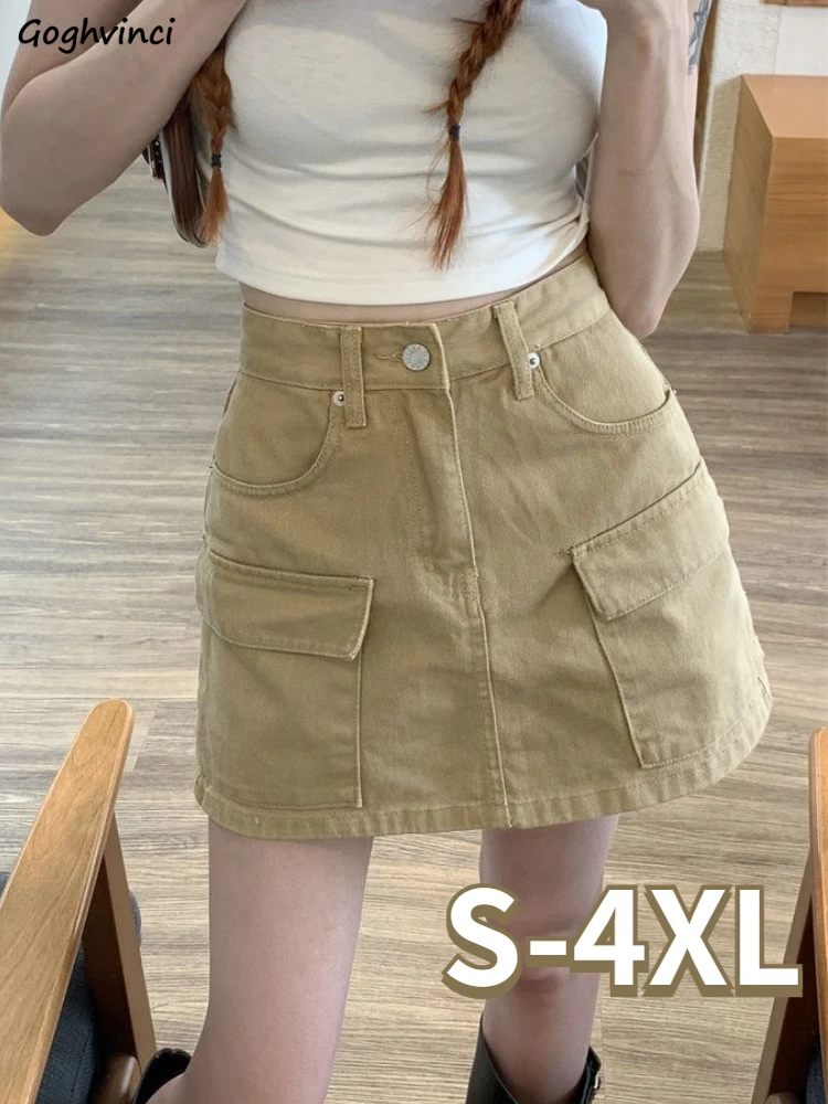 

Khaki Cargo Skirts Women Vintage Pockets Hotsweet Mini American Style Denim Y2k All-match Trendy Empire Summer Casual Streetwear