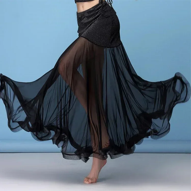 Korea Silver Mesh Belly Dance Skirt Women Belly Dancing Costume Outfit Tribal Maxi Full Skirts Solid Color Skirt Black XL