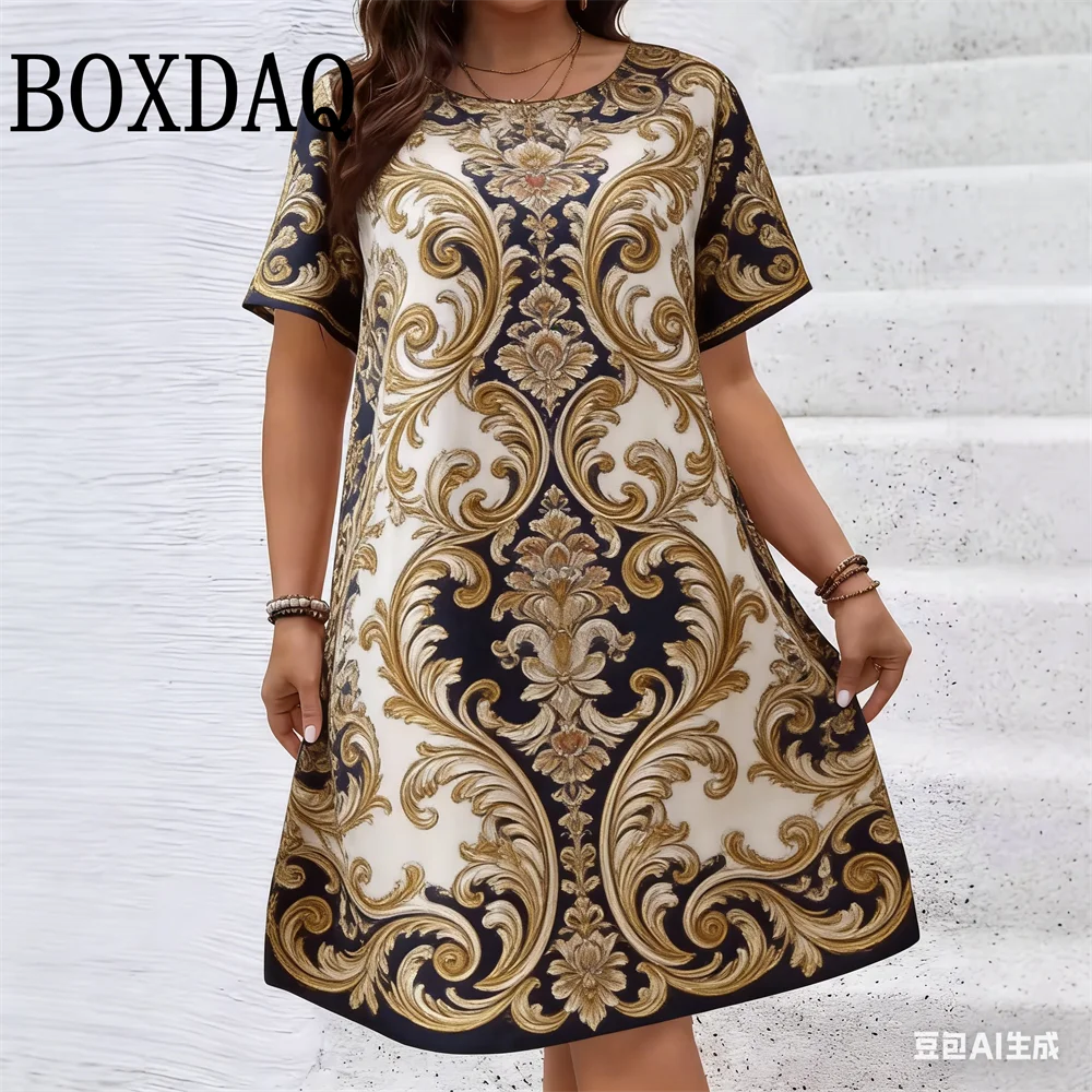 

Vintage Ethnic Style Geometry Printed Party Dress Plus Size Women Casual O-Neck Short Sleeve Mini Dresses For Women Summer Loose