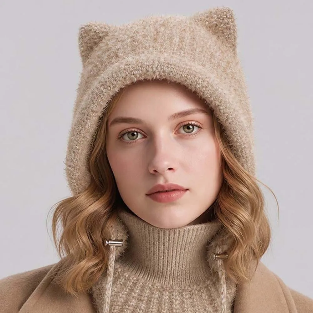 Japanese Style Cap Windproof Cat Ears Beanie Thickened Elastic Hooded Scarf Hat Crochet Integrated Mask Neck Warmer Skiing