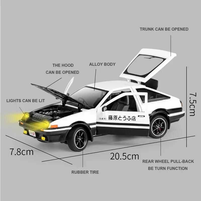 1/24 Toyota AE86 początkowy D aluminiowy model samochodu dekoracja symulacja pojazdy zabawki na prezenty z dźwiękiem światło wycofać