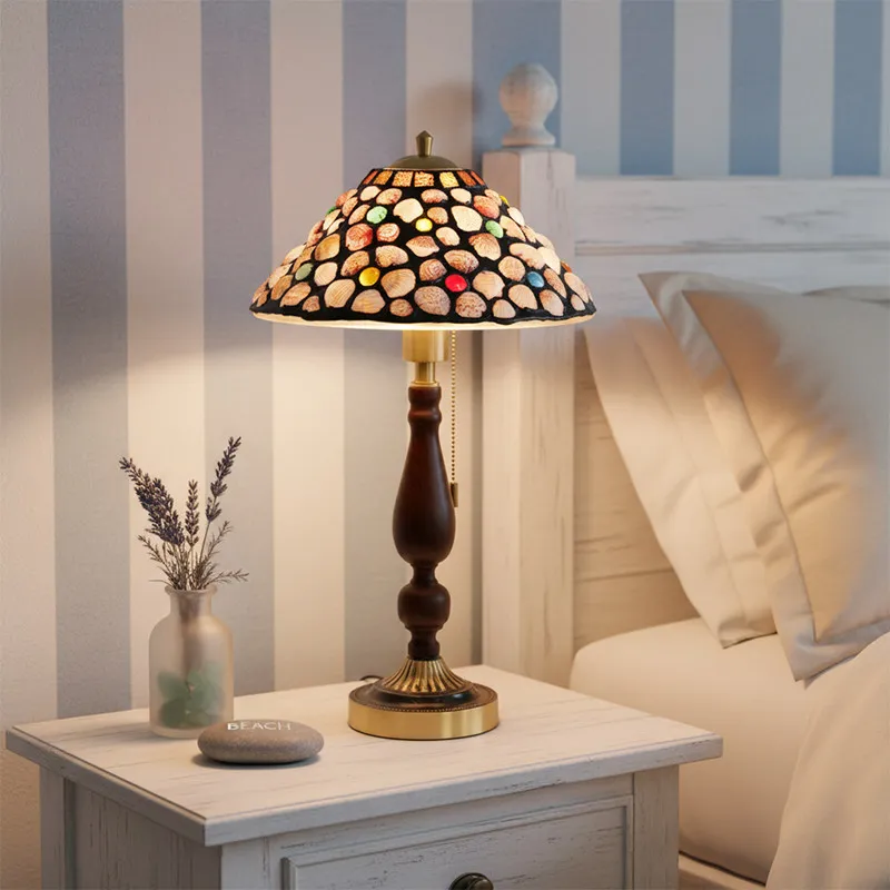 American Retro Tiffany Shell Table Lamp Bar Homestay Living Room Background Bedroom Study Stained Glass Decor Reading Desk Light