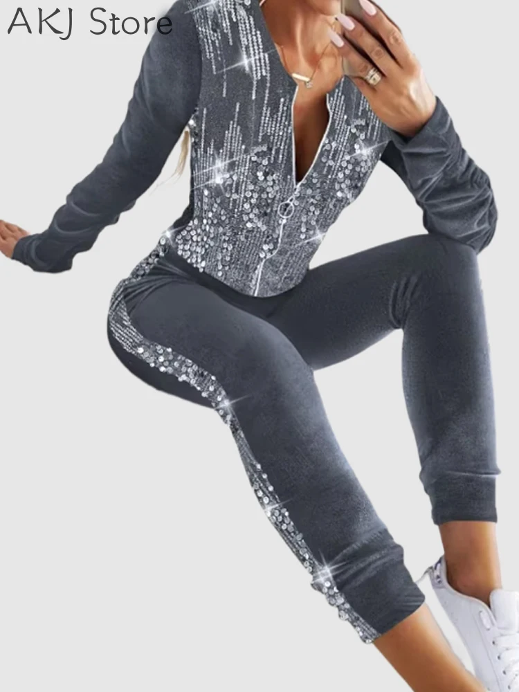 

Women 2pcs Set Velvet Sequin Zipper Design Coat and Pants Set
