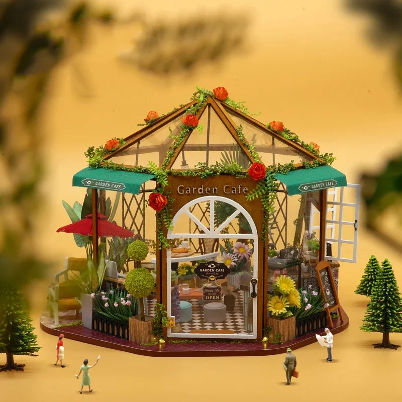 Animation Cartoon Diy Hut Coffee Among Flowers Handmade Assembling Toys Model Wooden House Birthday Gift Female Peripheral