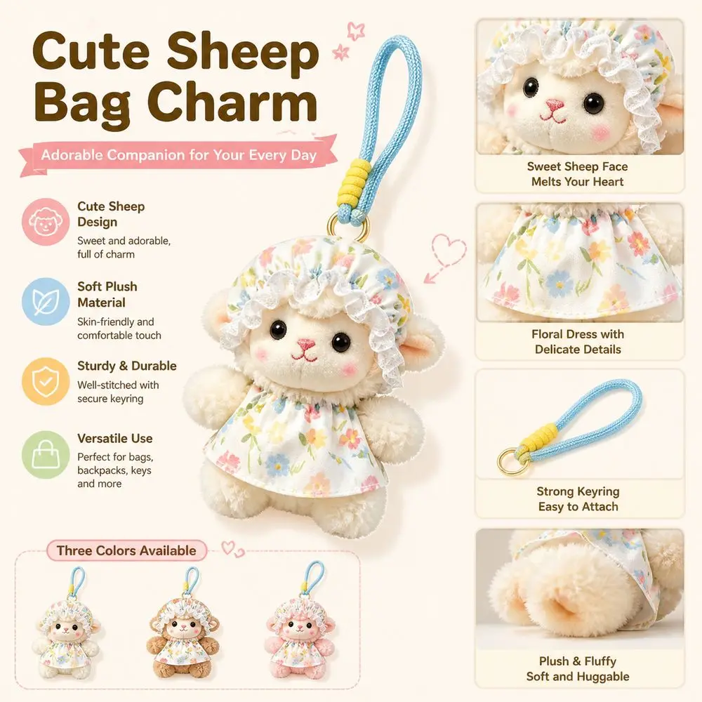 Soft Lamb Keychain Floral Dress Detachable Hanging Loop Sheep Bag Charm Cute Style Lightweight Lamb Key Ring