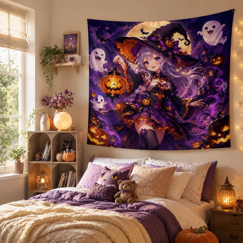 VIKAMA Tapiz de Halloween de Brujita con Pelo Morado, Diseño de Ensueño Morado, Calabaza, Linterna, Fantasma, Castillo, Decoración de Habitación Anime