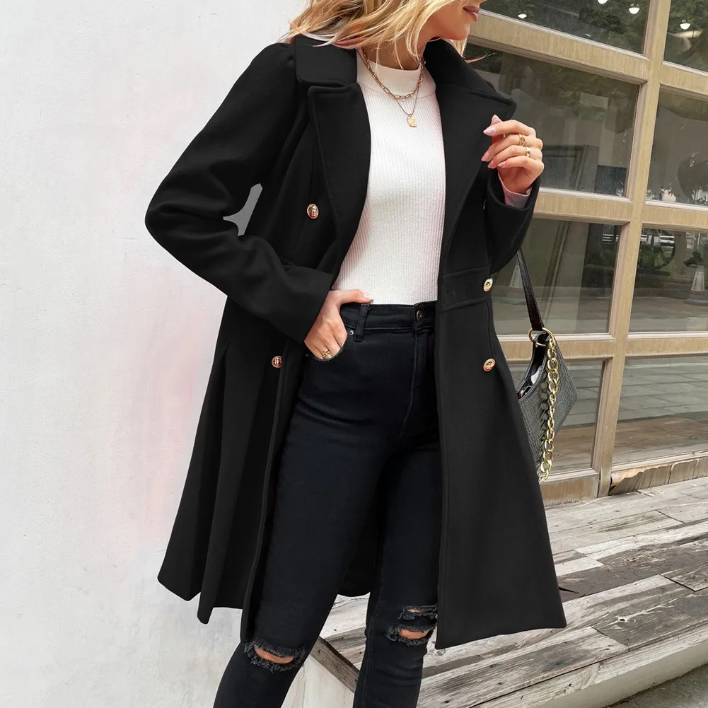 GK Women Long Sleeve Coat Double Breasted Overcoat Above Knee Pleated Lapel A-Line Blends Coat Winter Warm Jackets