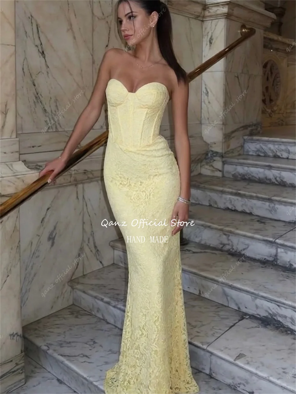 Qanz Elegant Pink Lace Appliques Prom Dress Mermaid Sweetheart Women Wedding Guest Dresses Backless Robes De Soirée Customized - view 6