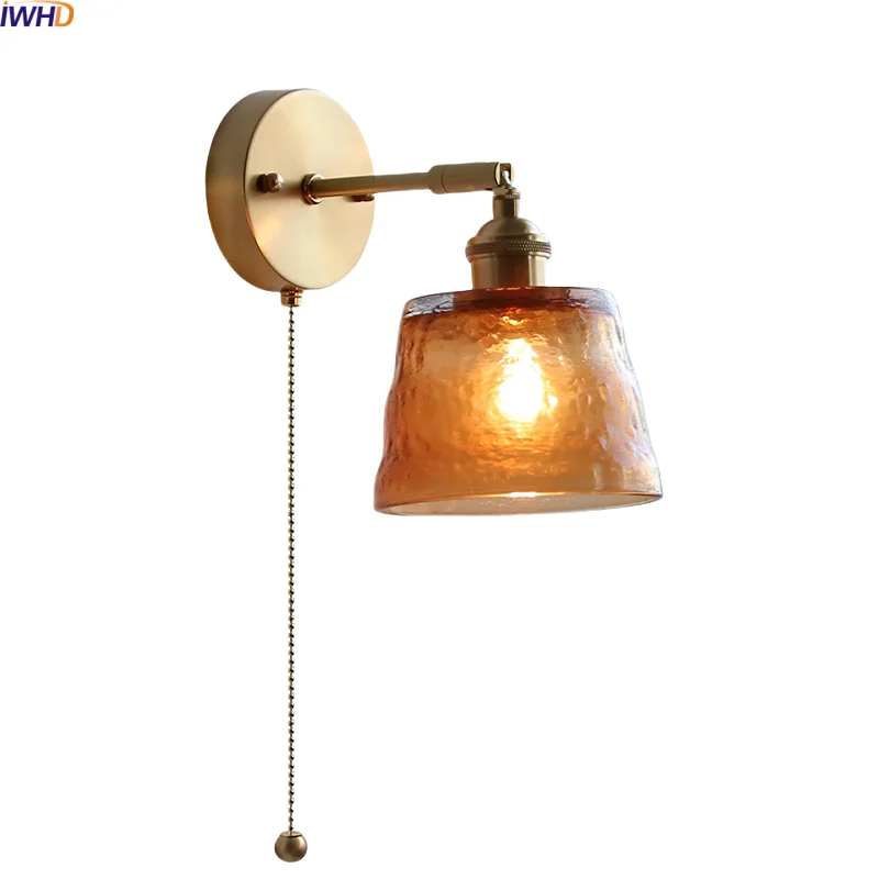 

IWHD Pull Chain LED Wall Lamps Nordic Modern Clear Amber Glass Lampshade E27 Wabi Sabi Bathroom Mirror Light Lampara De Pared