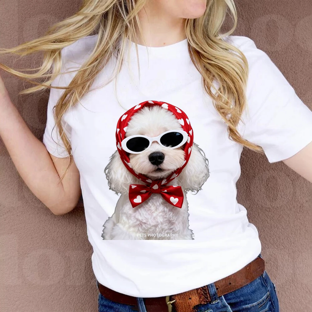 Women Clothing Europe America Polka Dot Scarf Puppy Print T-shirt Summer Casual Loose Pure Cotton Short Sleeve Top Chic Y2k Tees