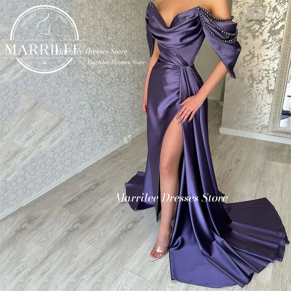 

Marrilee Charming Purple Stain Off The Shoulder Meimaid Evening Dress Sexy High Side Slit Beading Pleats Floor Length Prom Gowns