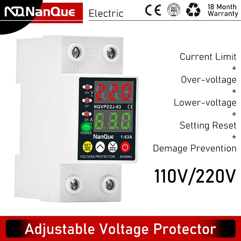 220V 110V Adjustable Over Under Voltage Protector 50/60Hz 40A 63A Solar photovoltaic Inverter Lower Voltage Current Meter Relay