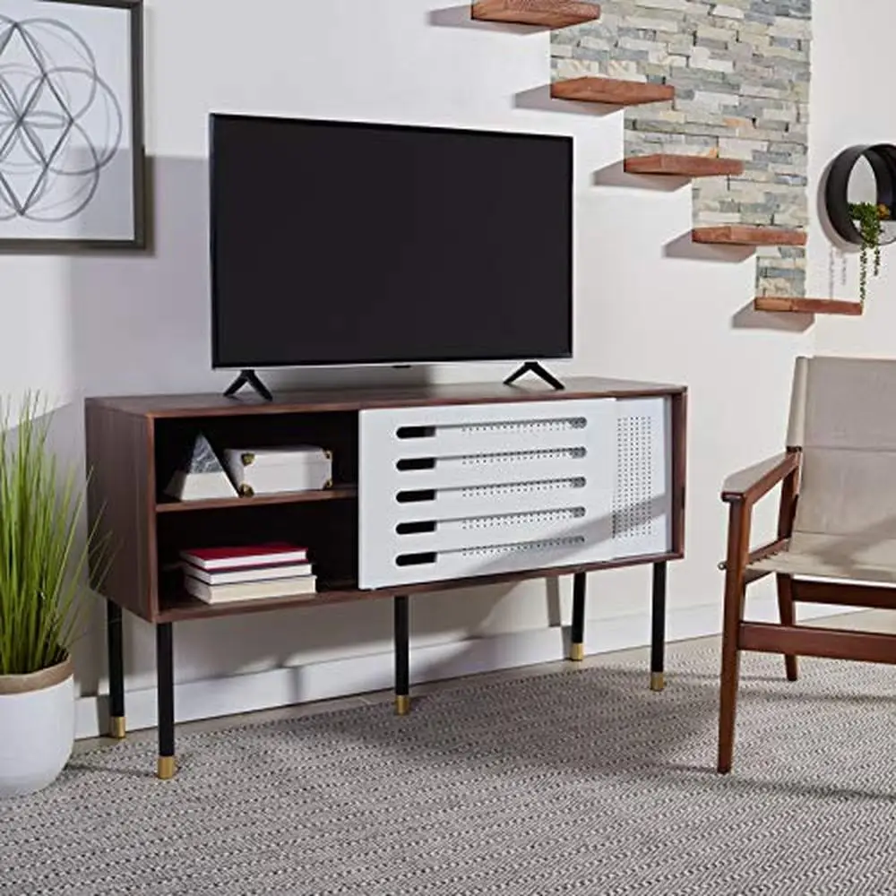 Modern TV Media Stand Cabinet Shelves Walnut White MDF Metal Legs 60