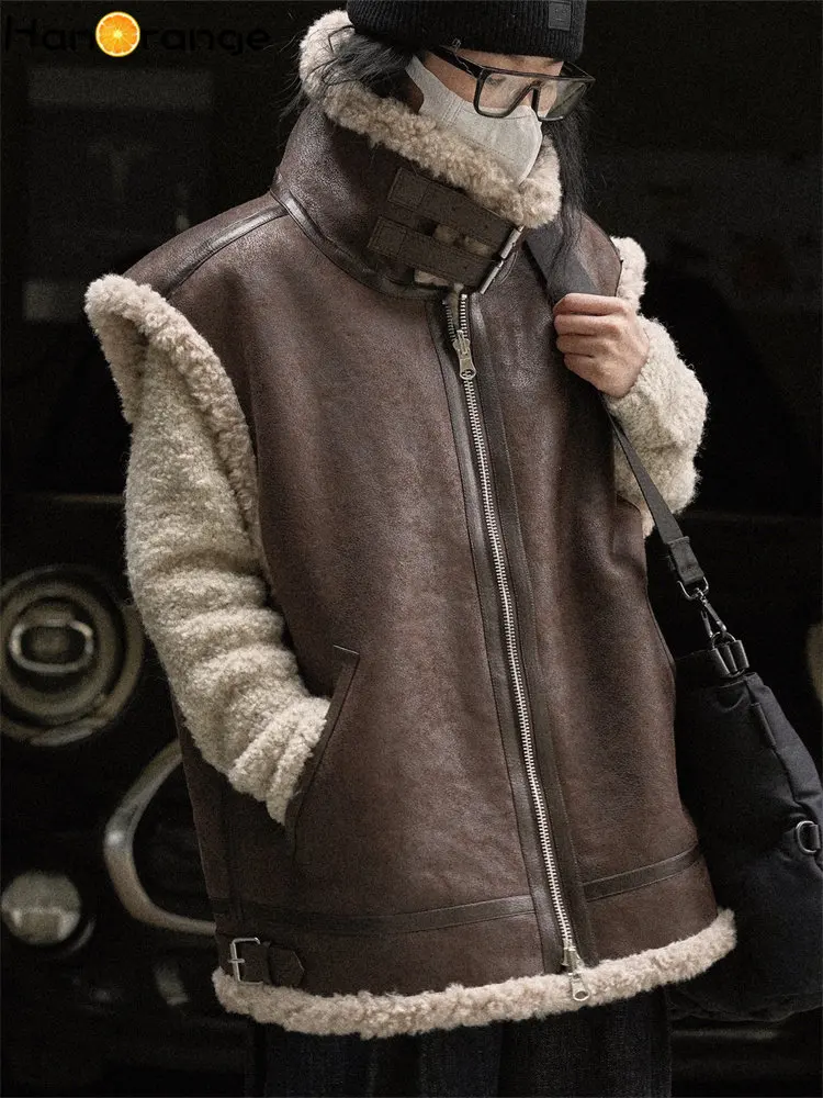 

HanOrange 2025, зимний шерстяной жилет, женский свободный замшевый жилет из искусственного меха без рукавов на молнии, женское темно-кофейное пальто