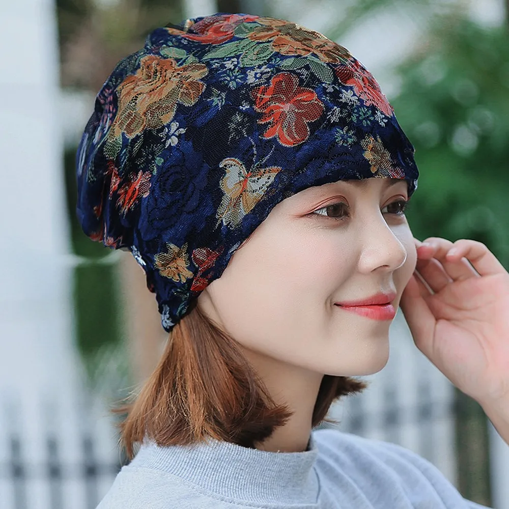 Spring Autumn Thin Women Skullies Beanies Lady Fashion Lace Design Hats For Girls Feminino Stretch Turban India Muslim Wrap