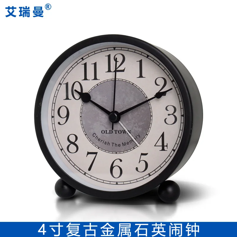 Nordic vintage metal clock - Simple student desk clock with night light for bedroom, silent quartz clock