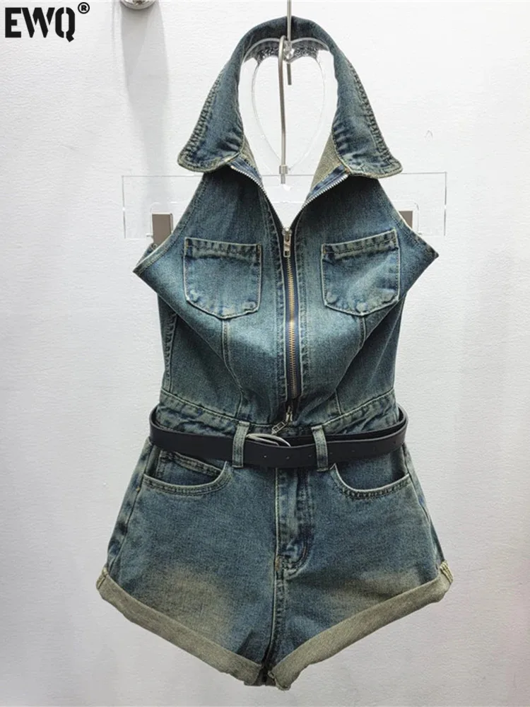 [EWQ] 3XL Street Fashion Zipper Pocket Vest Y2K High Waist Wide Leg Shorts Denim Sets Give Belt Women jumpsuit 2024 Summer New