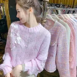 DAYIFUN-Women's Embroidery Sequin Design Knitted Jumpers Loose Pullovers Monochromatic Kawaii Tops Commute Winter New 2023