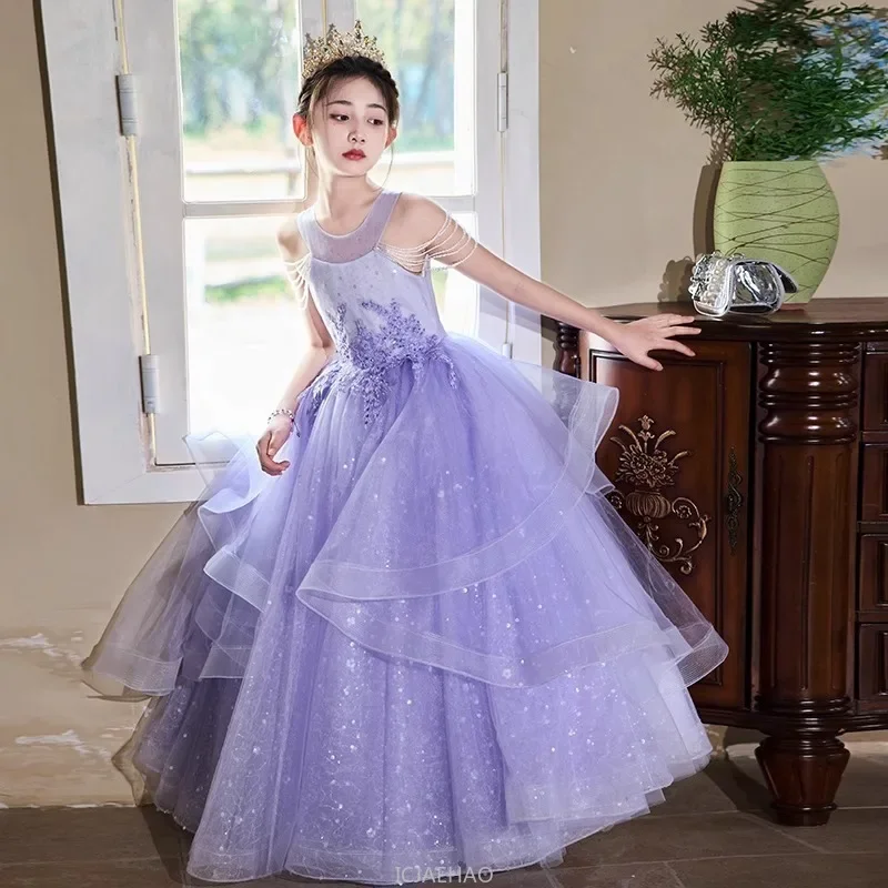 

2025 Purple Girls Princess Dress Children Clothes Piano Recital Pageant Performance Gown Costume Birthday Party Formal Outfit