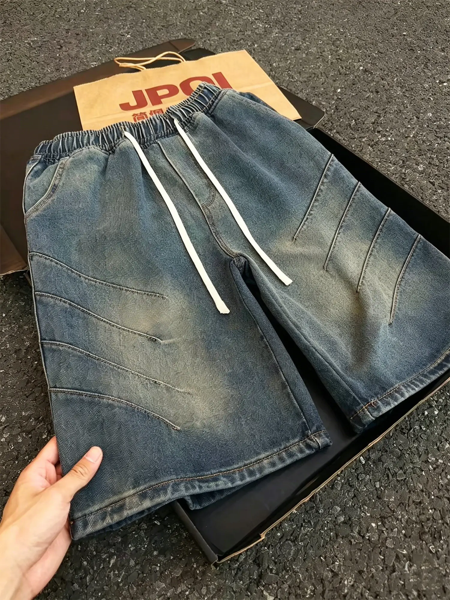 

Blue American Retro Diagonal Cut Jeans Shorts Men Summer Thin Style Sporty High-End Feeling Workwear Five-Quarter Pants