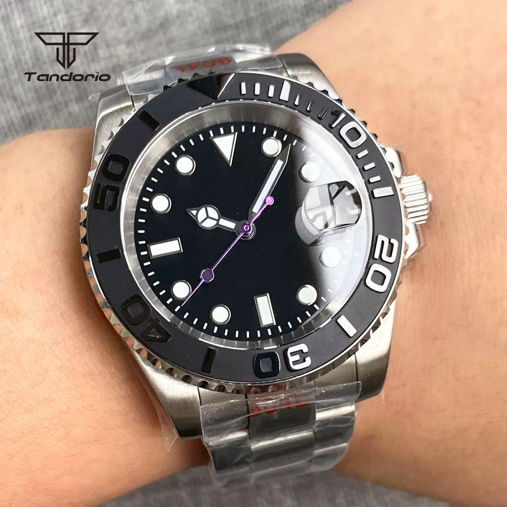 Tandorio NH35A 40mm Men Automatic Dive Watch Sapphire Glass Black Sterile Dial Purple Second Pointer Rotating Bezel Screw Crown