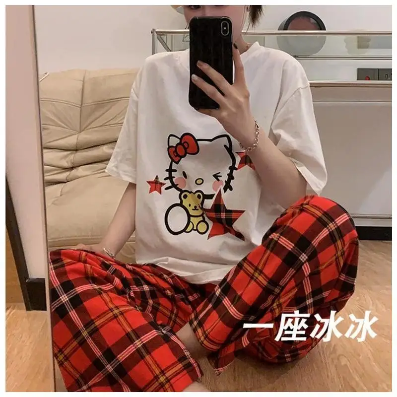 

Летняя пижама Sanrio Hello Kitty с короткими рукавами, женский комплект с длинными брюками с цветочным принтом, милая повседневная верхняя одежда с мультяшным рисунком для студентов, домашняя одежда