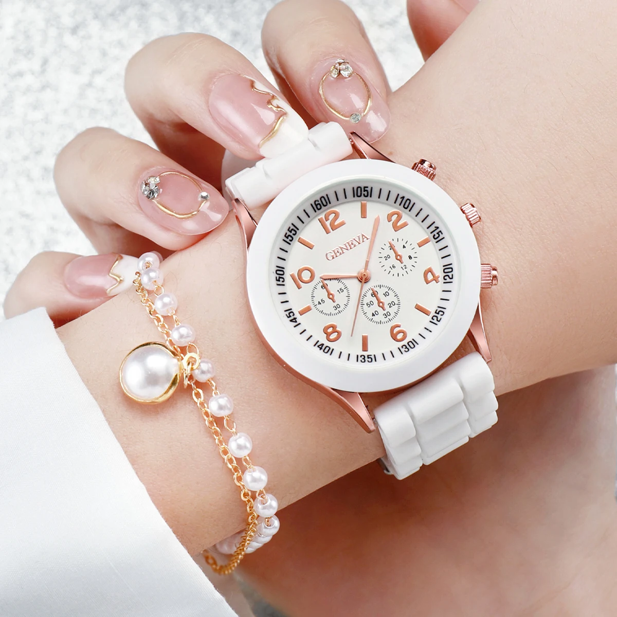 2PCS/Set Women\'s Watch Fashion Silicone Band Analog Quartz Watches Pearls Bracelet Set