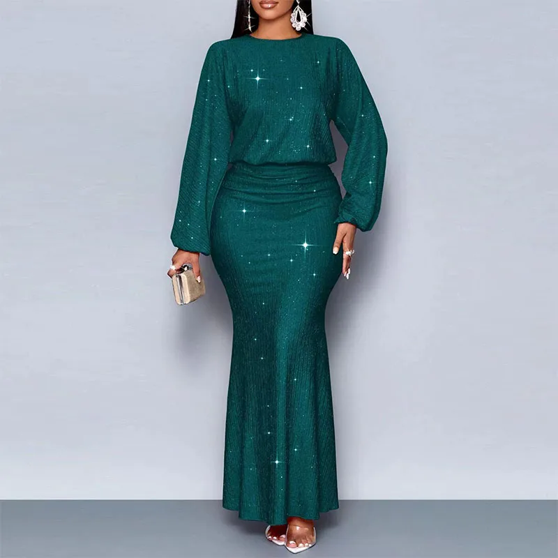 Elegant O-neck Long Sleeve Fishtail Dress Women Fashion Hight Waist Draped Long Dress Casual Shiny Sequins Solid Party Dresses