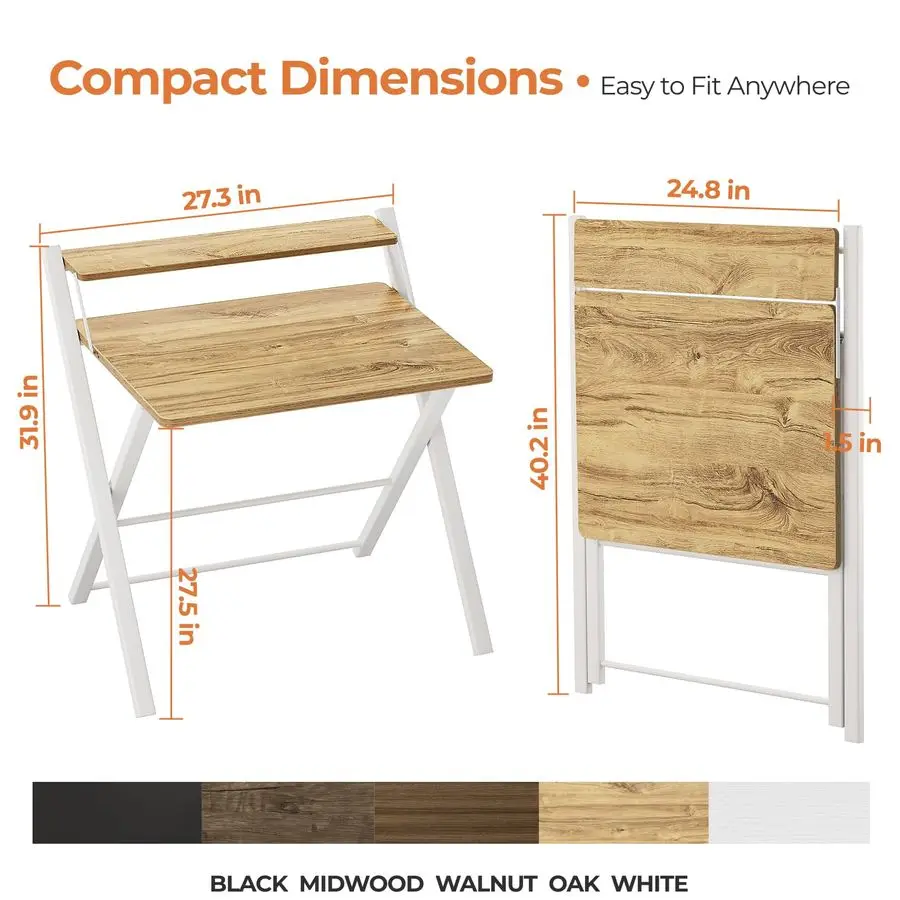 مكتب صغير محمول بدون تجميع، مكتب كمبيوتر مدمج من طبقتين مع رف، طاولة قابلة للطي موفرة للمساحة للمكتب المنزلي أو غرفة النوم أو
