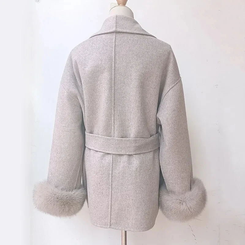 2024 frauen Lose Herbst Luxus Echt Wolle Mantel Mit Echt Fox Pelz Manschette Plus Größe Weibliche Echte Kaschmir Jacke Outwear