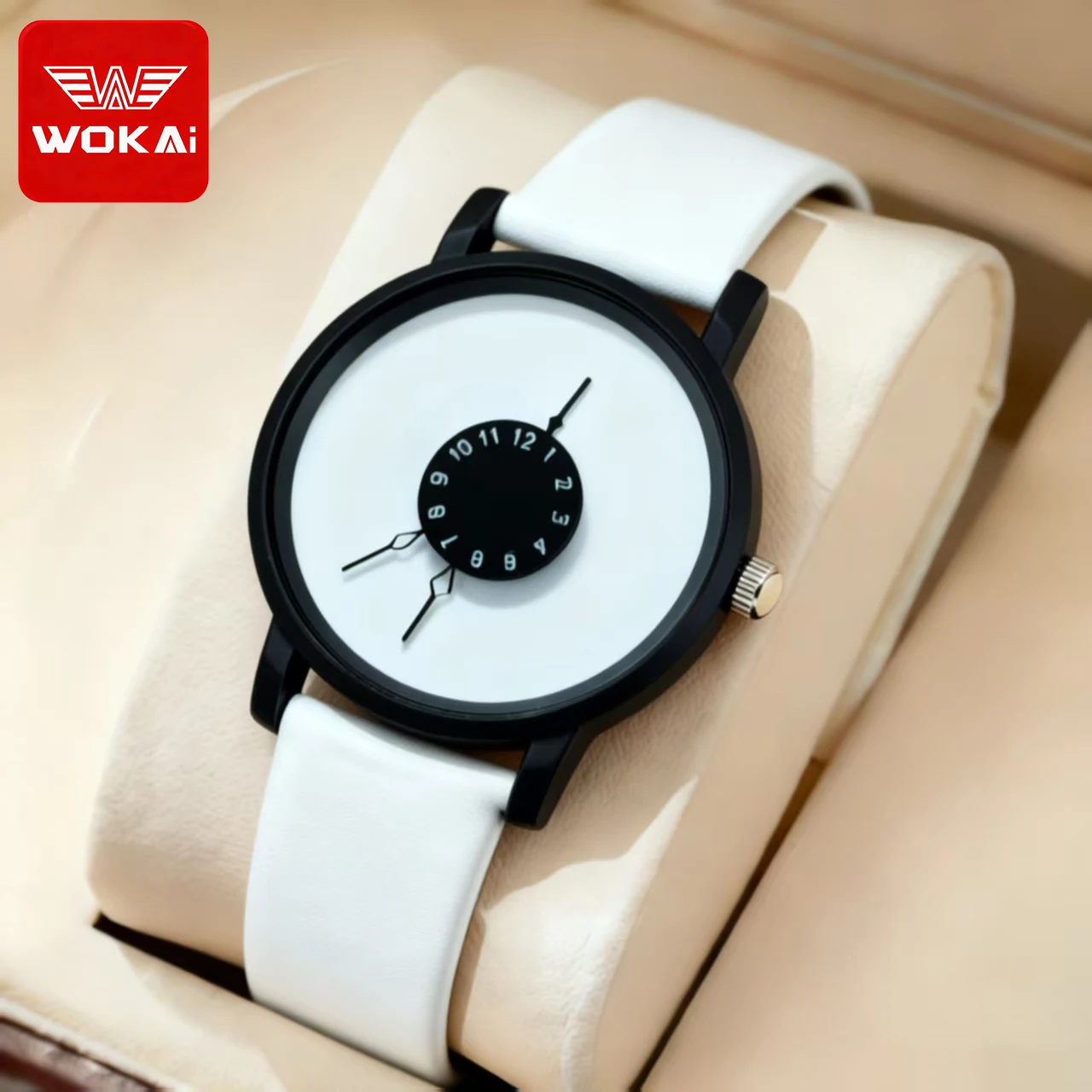 WOKAI orologio al quarzo da uomo con cinturino in pelle di alta qualità, alla moda e casual con lancette inverse, un orologio da donna personalizzato