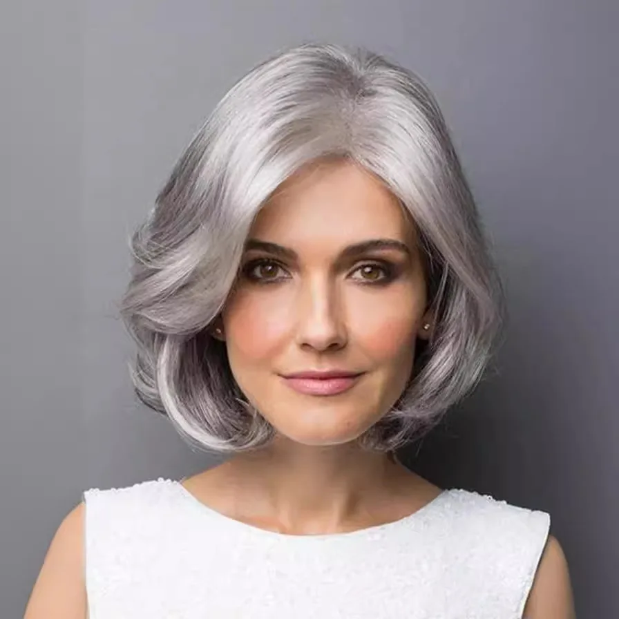 

Middle and old aged Short curly hair Silver gray short hair Chemical fiber fluffy lifelike Mid-point Wig cover Women's Wig