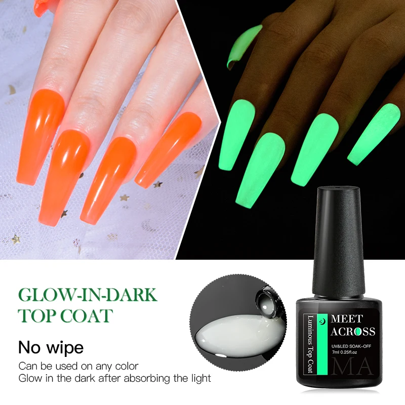 MEET ACROSS Top Coat luminoso Smalto per unghie gel Semi permanente Bagliore nel buio Fluorescente Soak Off Vernice gel UV LED per manicure