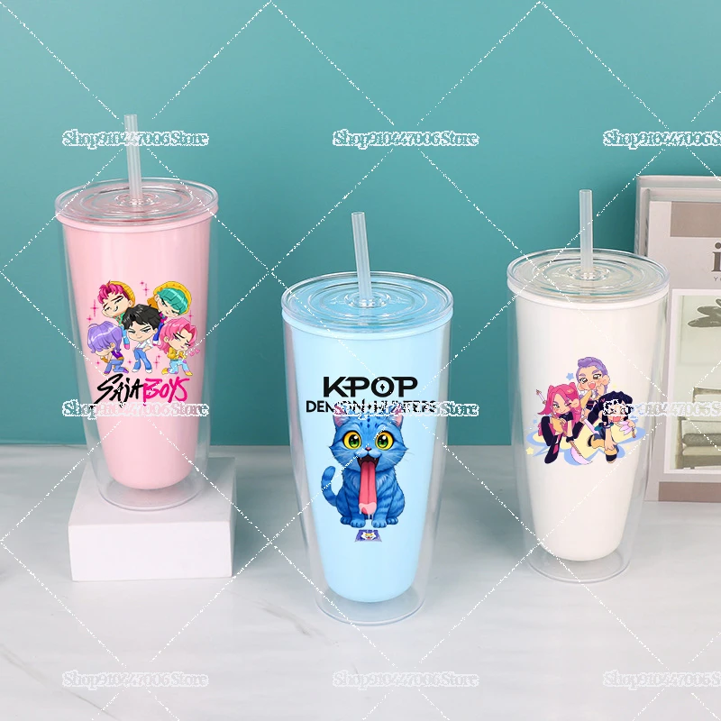 

Чашка для воды K Pop Demon Hunters с соломинкой, большая емкость, термостойкая пухлая бутылка, портативный двухслойный пластиковый кубок из соломы