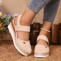 Sandalias de tacón de cuña para mujer, zapatos de gladiador de diseñador, sandalias clásicas con punta cubierta, tacones medianos, talla grande, verano, 2024