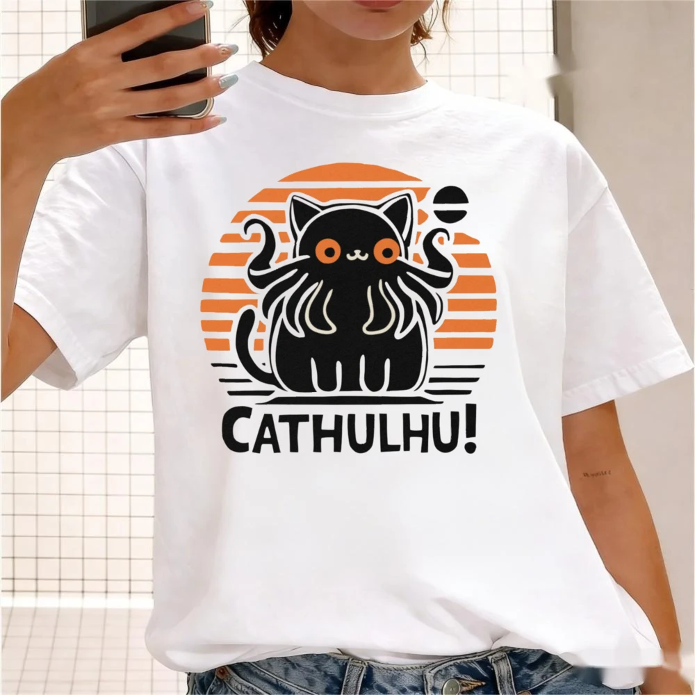 Cathulhu Retro Sunset Stripes Graphic Unisex TShirt Women Men Casual Summer Cotton Short Sleeve Cute Funny Cat Lover Gift Tee
