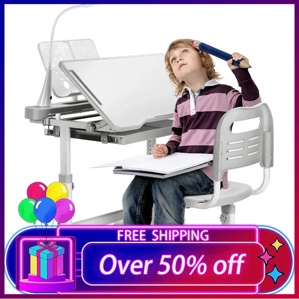 

Kids Desk and Chair Set Height Adjustable School Study Desk and Chair with 55° Tiltable Desktop, 3 Modes&3 Brightness LED Lamps