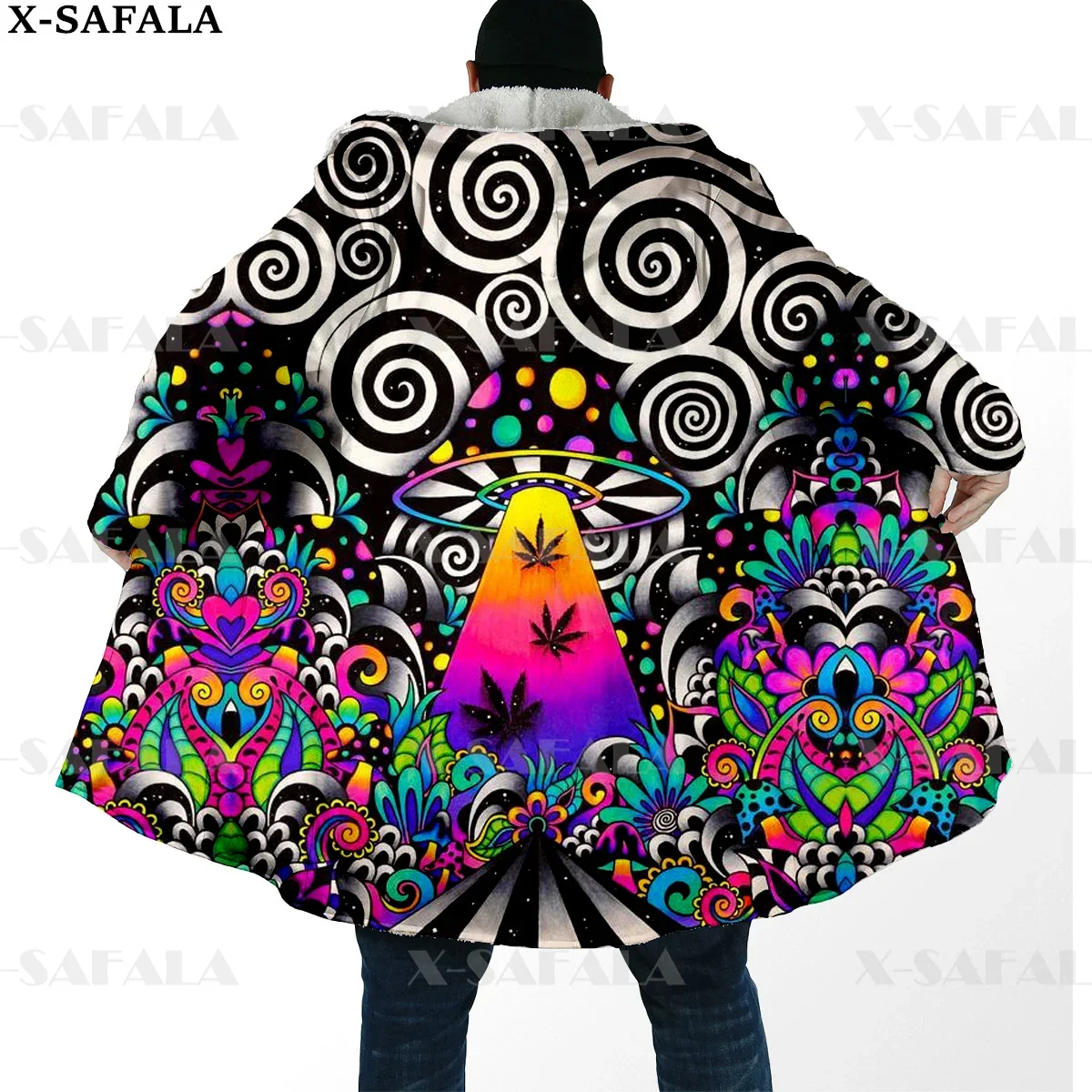 Hippie Psychedelische Kleurrijke Trippy Print Dikke Warme Hooded Mantel Mannen Overjas Jas Winddicht Fleece Cape Robe Hooded Deken-11