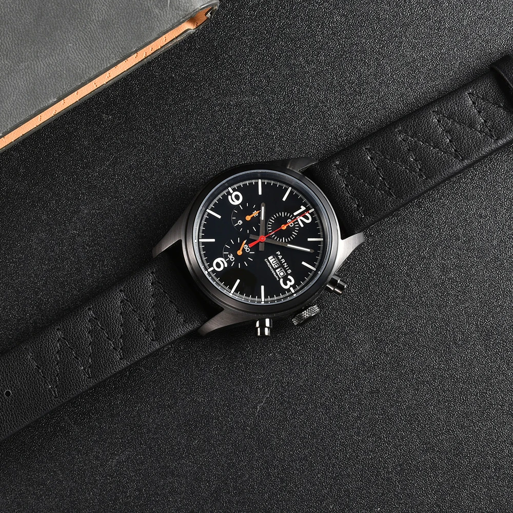 Parnis 42mm caja negra cronógrafo de cuarzo reloj para hombre correa de cuero calendario de visualización semanal relojes de pulsera para hombre regalo de marca de lujo superior