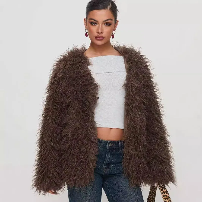 2024 European and American Fashion Elegant Fur Imitation Fur Jacket Faux Fur Leather Jacket Chocolate Color Coat Women