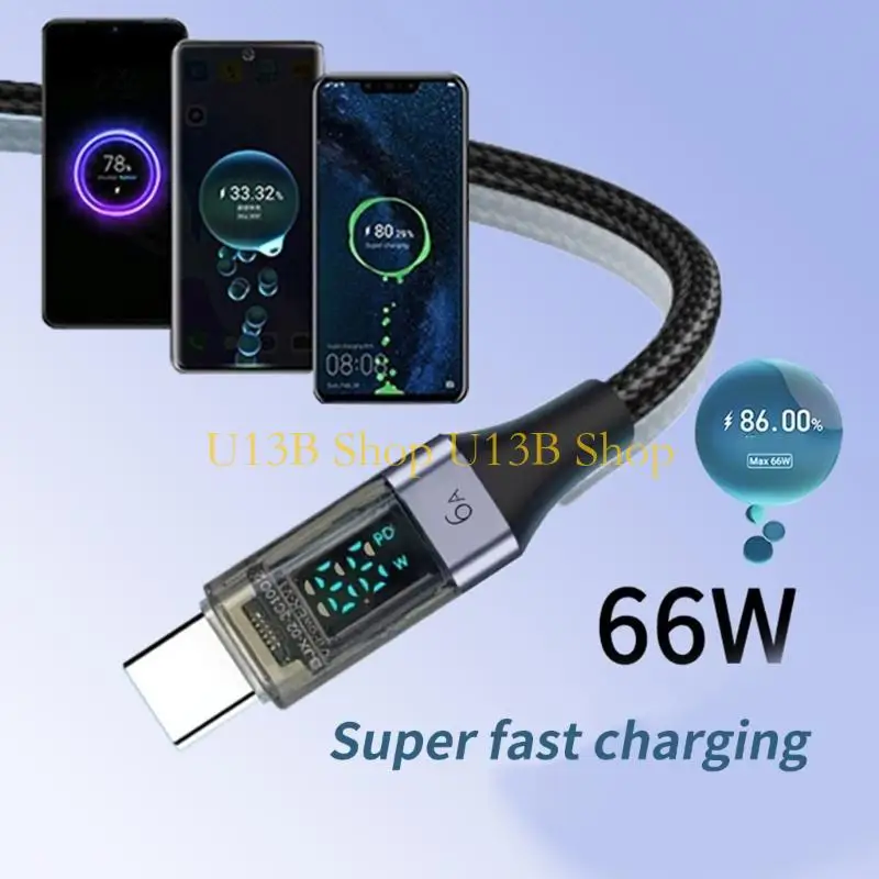 Cable carga carga rápida U13B A a Tipo C con pantalla LED alimentación, 66W/6A para teléfonos y tabletas