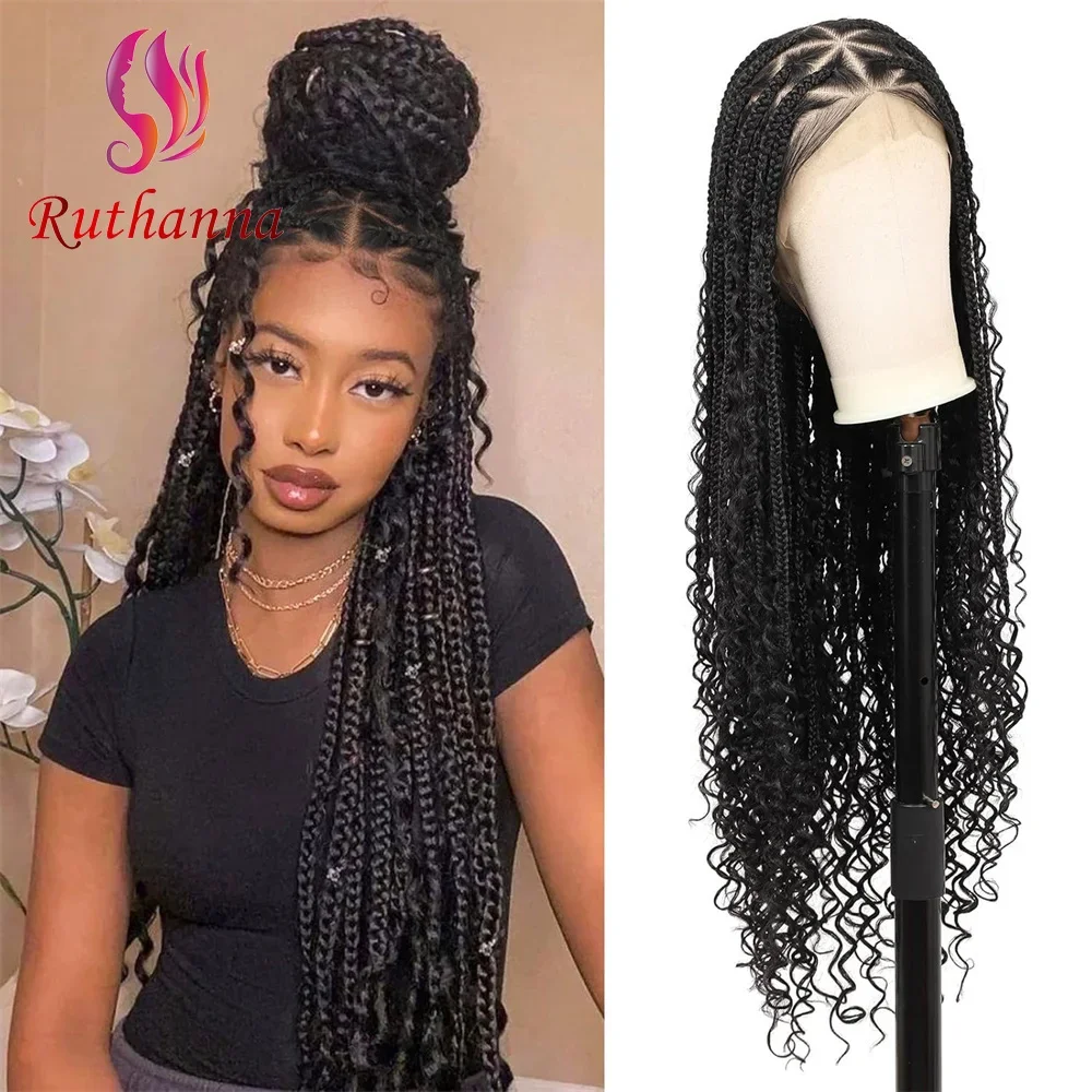 Box 36 Inch Full Lace Braided Wigs Synthetic 3x Twist Braids Wig For Women Tail Curl Transparent Lace Baby Hair Fashion Wig