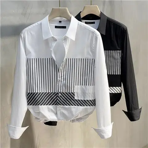 

Men's Patchwork Shirts Long Sleeves Lapel Blouse Button Loose Casual Tops Breathable Street Fashion New 2024 Male Clothing N276