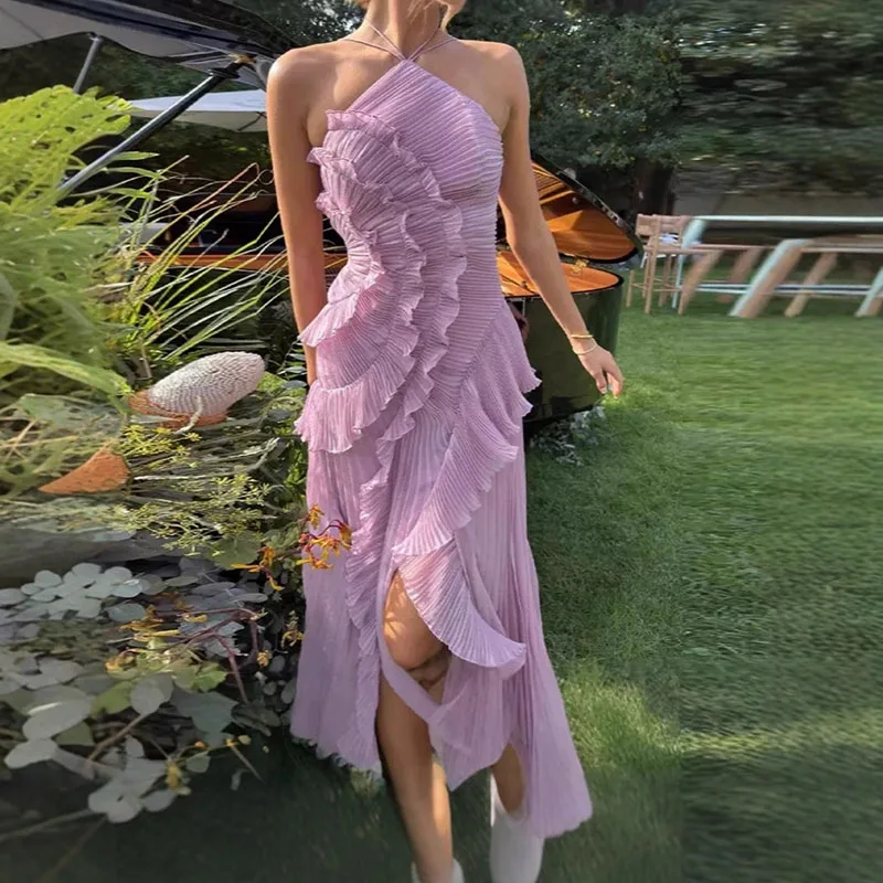 Robe longue plissée à volants pour femme, style licou sans bretelles, coupe ajustée taille haute, élégante et tendance