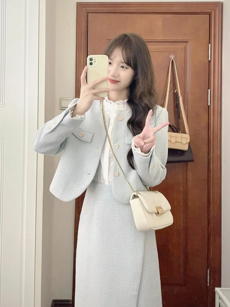 

Blue Suit Jacket And Skirt Set Women's High-End Fashion Autumn Winter Outfit Rich Girl Style Long Sleeve Button Closure