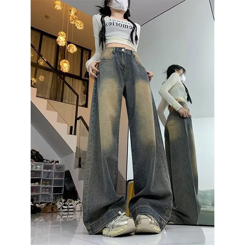 

Women's Pants Vintage Relaxed Fit Button Fly Denim Jeans Pale Blue Straight Cut Wide Leg Trousers