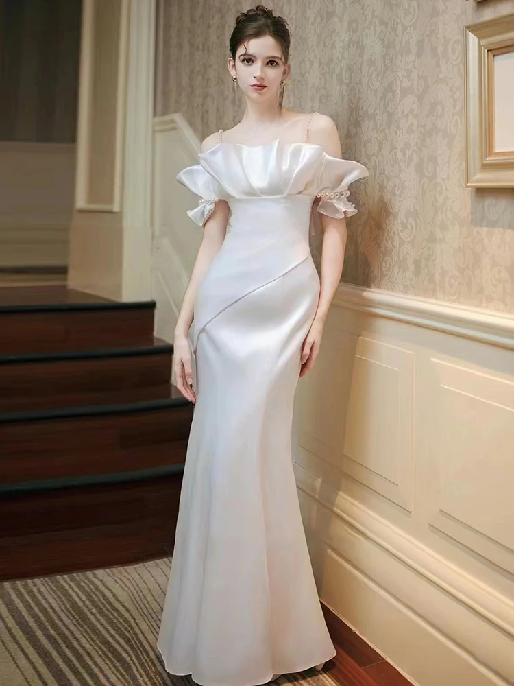 

Элегантное вечернее платье на одно плечо с жемчугом, фасон «русалка», для свадьбы, помолвки, выступлений, длинное, из полиэстера