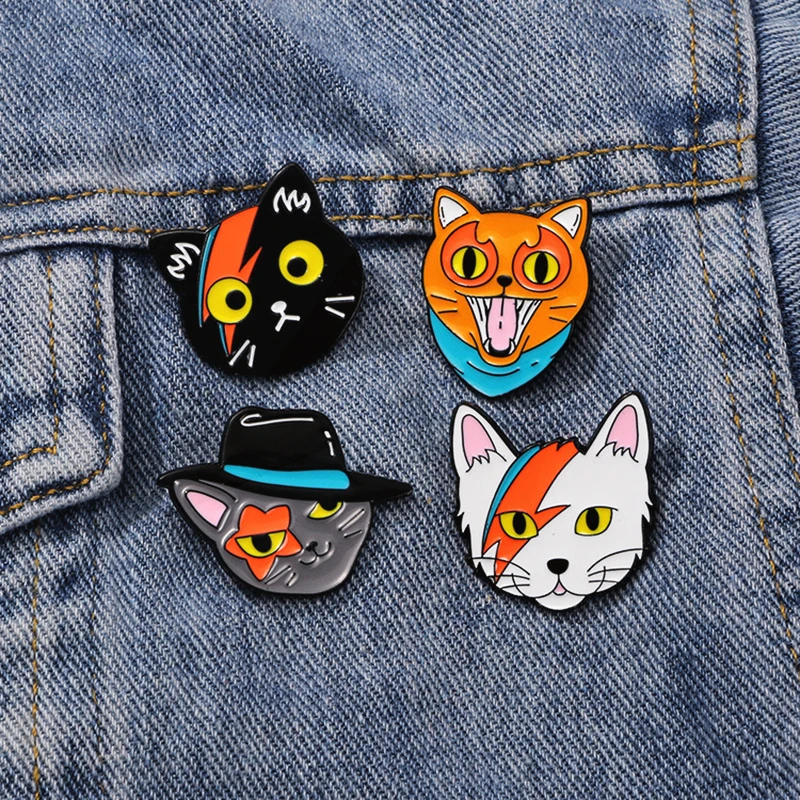 Gentleman Hat Scar Tie Tongue Cat Villain Animal Cat Badge Punk Clothes Lapel Pins Jewelry Gift Funny Cat Cartoon Pin Pentacle