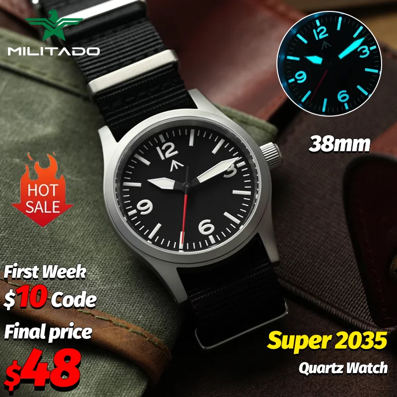Militado ML05B 38Mm 36912 Black Red Quartz Watch Super 2035 AR Sapphire Swiss Luminous BGW9 100M Waterproof Vintage Wristwatch